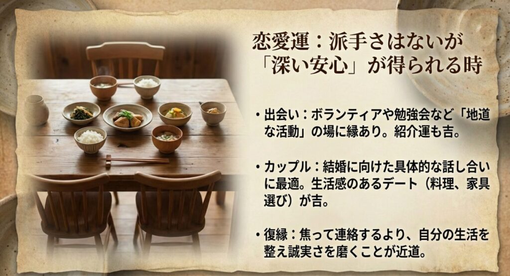 七赤金星、2026年の恋愛運は派手さはありませんが、深い安心が得られる時です。