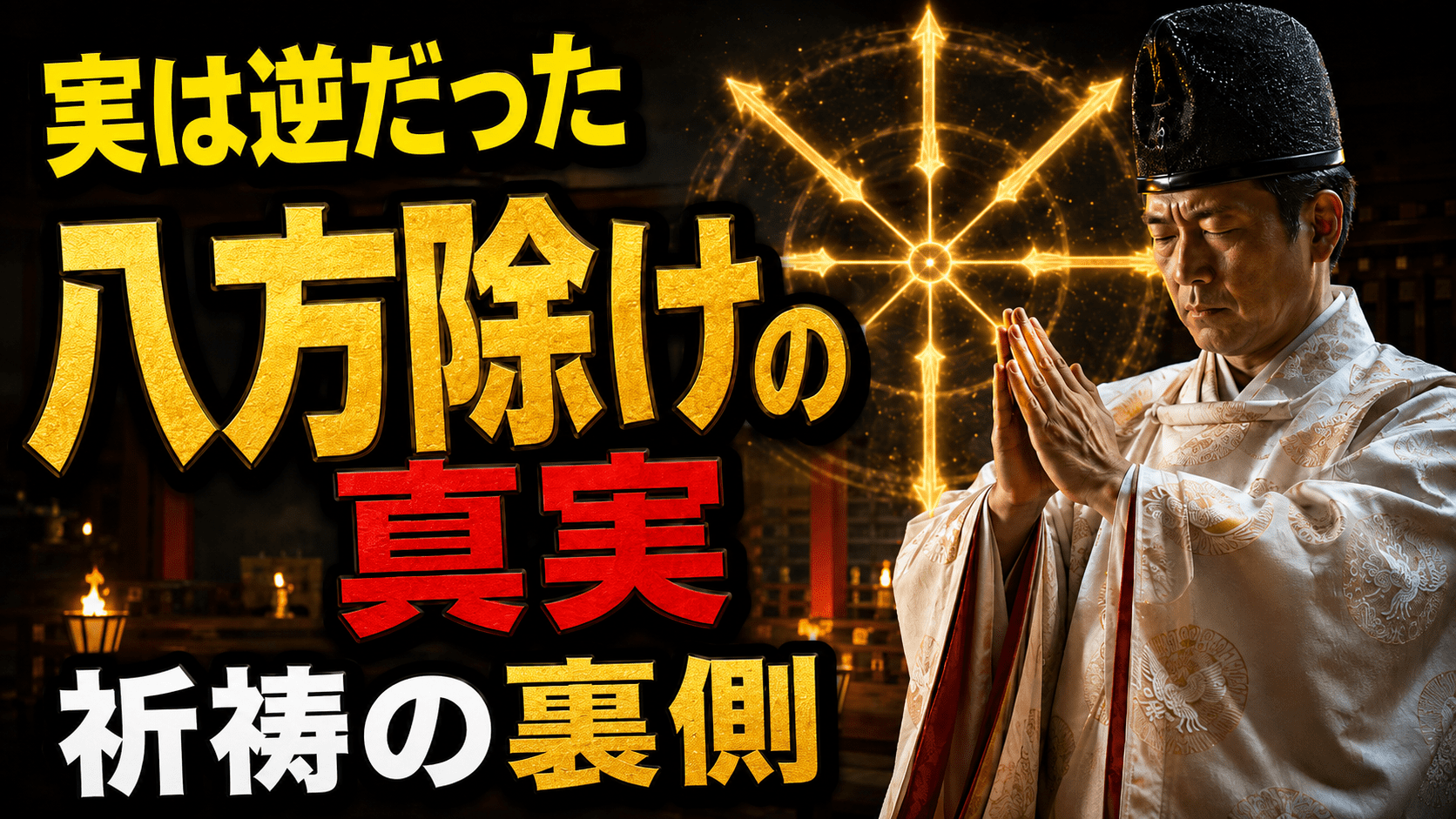 方位除け・八方除けの必要性と祈祷の裏側を神職が語るアイキャッチ画像。灯明の灯る本殿で祈祷する狩衣姿の神職